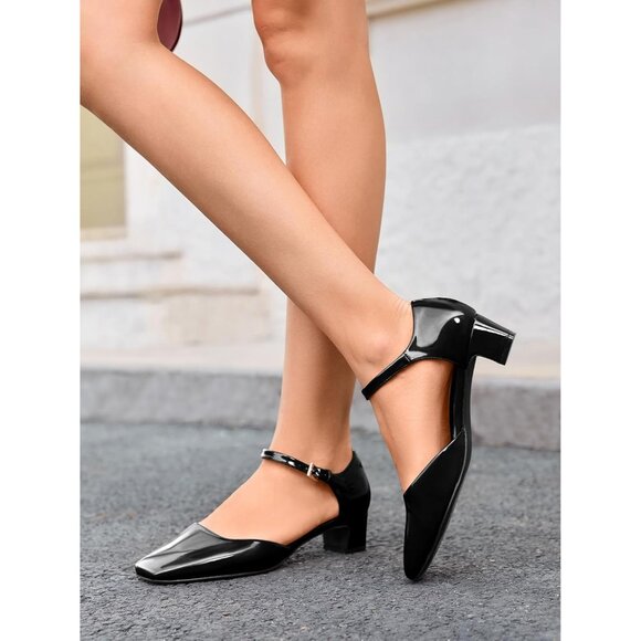 Womens Chunky Low Heels Ankle Strap Square Toe Dress Pumps Work Party Shoes - Picture 2 of 5